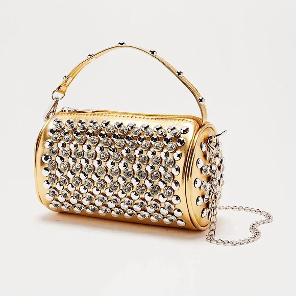 NWT👀🌟⚡️✨🪩Gold Rhinestone Studded Barrel Bag🪩✨⚡️🌟 - Picture 2 of 3